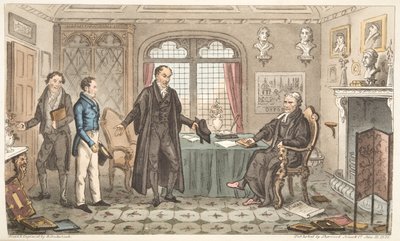1824年にロンドンで発行されたThe English Spyからの、Alma Materへの最初の弓、またはBig WigへのBernard Blackmantlesの紹介（手書きの彫刻） 作： Isaac Robert Cruikshank
