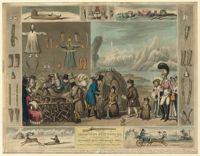 1822年にピカデリーのエジプシャンホールに展示されたラプランダー、トナカイなど 作： Isaac Robert Cruikshank