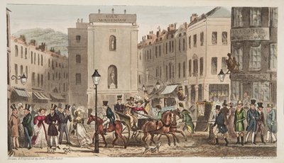 1824年にロンドンで発行されたイングリッシュスパイのバススウェルの肖像画が描かれたミルソムストリートとボンドストリート（手書きの彫刻） 作： Isaac Robert Cruikshank