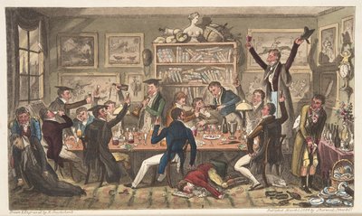 1824年にロンドンで発行されたThe English SpyのOxford Transports、またはUniversity Exiles（手書きの彫刻） 作： Isaac Robert Cruikshank