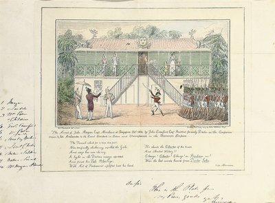 1824年10月、シンガポールの商人、ジョン・モーガンの逮捕、居住者、元企業サービスの医師、後期大使、バンコク、サイアム、ビルマ帝国のウムラポーラ、1827年5月 作： Isaac Robert Cruikshank