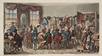 The Bags、Mens Banquet at the Bell Inn、Cheltenham、from the English Spy、pub。 1824（手塗りの彫刻） 作： Isaac Robert Cruikshank