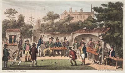 1824年にロンドンで出版されたイングリッシュスパイのボウリング場、ウスター、またはハンドアンドグローブクラブのキャラクター（手描きの彫刻） 作： Isaac Robert Cruikshank