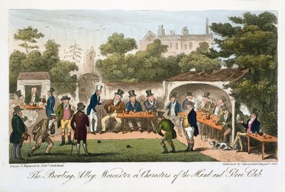 1825年にロンドンで出版されたチャールズモロイウェストマコット（1788-1868）の「イングリッシュスパイ」のボウリング場、ウスター、またはハンドアンドグローブクラブのキャラクター 作： Isaac Robert Cruikshank