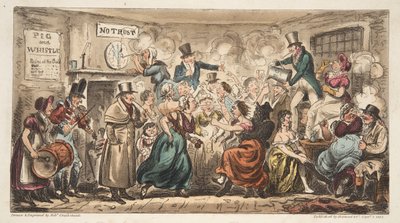 英国のスパイ、パブからの豚と笛、エイボンストリート、バースのバフクラブ。ロンドン、1824年（手描きの彫刻） 作： Isaac Robert Cruikshank