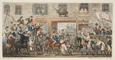 イングリッシュスパイのコミカルな行列。 1824年（手塗りの彫刻）グロスターからバークレー、The English Spy、パブ。 1824（手塗りの彫刻） 作： Isaac Robert Cruikshank