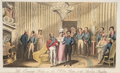 英国のスパイ、パブからのブライトン、パビリオンでのイブニングパーティー。 1824（手塗りの彫刻） 作： Isaac Robert Cruikshank