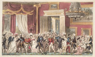 サーキュラールームの夜。または英国スパイ、パブからカールトン宮殿でスクイーズ。 1824（手塗りの彫刻） 作： Isaac Robert Cruikshank