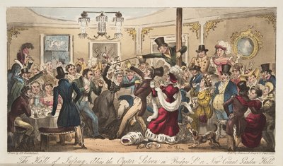 Hall of Infamy、別名Brydges-Streetのオイスターサルーン、またはThe English SpyのパブにあるNew Covent Garden Hell。 1824（手塗りの彫刻） 作： Isaac Robert Cruikshank