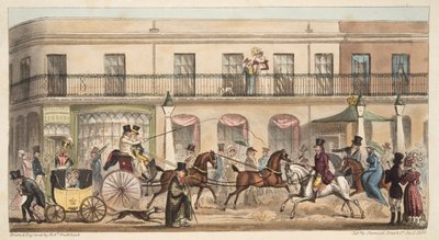 英国スパイ、パブからのハイストリート、チェルトナム。 1824（手塗りの彫刻） 作： Isaac Robert Cruikshank