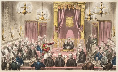 イギリスのスパイ、パブからのハイディベートの貴族院。 1824（手塗りの彫刻） 作： Isaac Robert Cruikshank