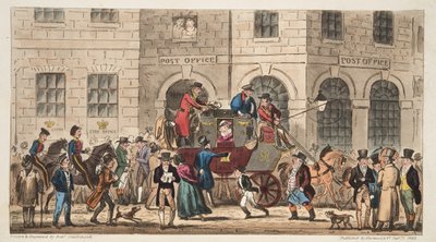 1824年にロンドンで発行されたイングリッシュスパイのロンドン郵便の到着である郵便局ブリストル 作： Isaac Robert Cruikshank