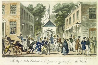 ロイヤルウェルズ、チェルトナム、または温泉水へのけいれん的な愛情、1825年 作： Isaac Robert Cruikshank