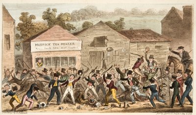 イギリスのスパイ、パブからのハローのティーポットロウ、またはホグレーンの戦い。 1824（手塗りの彫刻） 作： Isaac Robert Cruikshank
