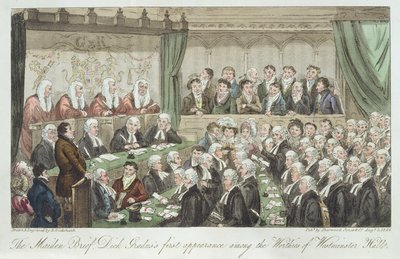 1824年に出版された、ウェストミンスターホールにふさわしい人物の中で初めてディックグラドゥスが登場した乙女ブリーフ 作： Isaac Robert Cruikshank