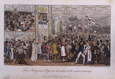 グランドカーニバルでのトム、ジェリー、ロジックのキャラクター（ピアース・イーガン著「Life in London」より 作： Isaac Robert and George Cruikshank