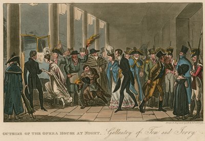 オペラハウスの外。トムとジェリーのギャランティー 作： Isaac, Robert and George Cruikshank