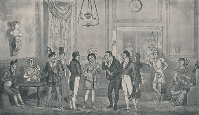 ドゥルーリーレーンシアターのグリーンルーム、1821年、1920年。アーティスト：アイザックロバートクルクシャンク、ジョージクルクシャンク。 作： Isaac, Robert and George Cruikshank
