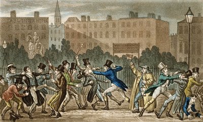 トム、ジェリー、ロジック、ナイトファイトに関与、ピアースイーガン作「ロンドンでの生活」（1772〜1849年）、1821〜22年（色のアクアチント） 作： Isaac, Robert and George Cruikshank