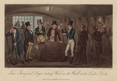 トム、ジェリー、ロジックがロンドンのドックで森の中でワインを「味わう」 作： Isaac, Robert and George Cruikshank