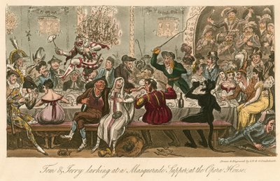 トムとジェリーがロンドンのオペラハウスで仮面舞踏会の晩餐を楽しんでいる 作： Isaac, Robert and George Cruikshank