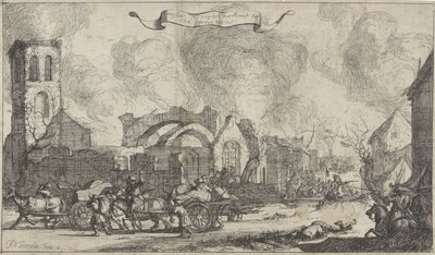 1672年、ニグテヴェヒトの村の廃墟で略奪と銃撃を行うフランス軍 1672 年にフランス軍によって破壊されたユトレヒト州の村と城の 13 枚の画像のシリーズ (シリーズ タイトル) 作： Isaac Sorious