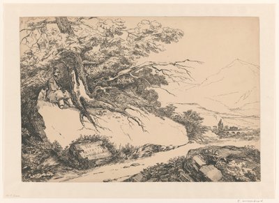 男と犬が木の下で休憩している風景 作： Isaac Weissenbruch