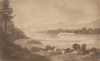Vista das Cataratas do Niágara com as cataratas ao fundo, à direita e paisagem com casas em primeiro plano 作： Isaac Weld