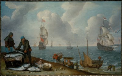 ビーチでキャッチ、湾の軍艦を持つ漁師 作： Isaac Willaerts