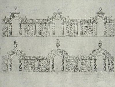 1645年頃に出版された「The Gardens of Wilton」に掲載されているトピアリーのアーケード付き歩道のデザイン（エングレービング 作： Isaac de Caus