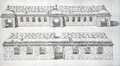 1645年頃の「ウィルトンの庭園」に描かれたトピアリーのアーケード付き通路（エングレービング 作： Isaac de Caus