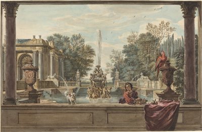 オウム、プードル、男のいるイタリア風庭園 作： Isaac de Moucheron