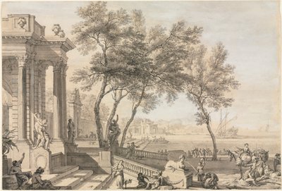 建築と人物が描かれた幻想的な港の風景、1713年。 作： Isaac de Moucheron
