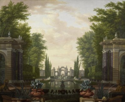 公園内の彫像と噴水のあるウォーター テラス 作： Isaac de Moucheron