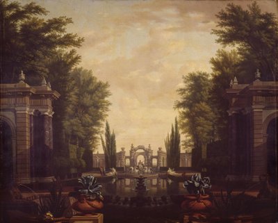 公園の彫像と建物のある水景 作： アイザック・デ・ムシェロン