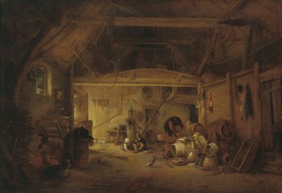 ドイツ語：Scheuneninterieur 食事をする2人の子供と働く男性のいる納屋の内部 作： アイザック・ファン・オスターデ