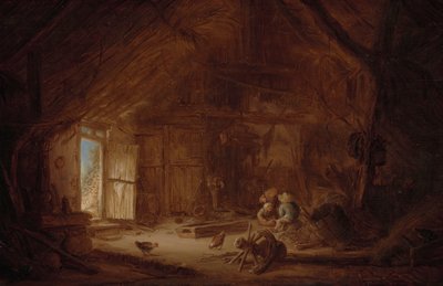 3 人の子供がいる厩舎の内部 作： Isaac van Ostade