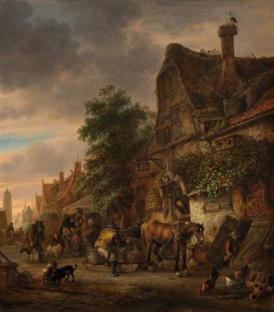 旅館の前の労働者、1645年。 作： Isaac van Ostade