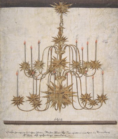 16本のろうそくを備えたシャンデリアのデザイン、1632年。 作： Isaak Ehe