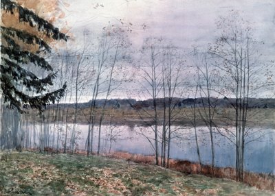 秋（秋）。 むき出しの木がある水路のほとりの描写。 Isaak (Isaac) Ilyich Levitan (1860-1900) の作品、紙に水彩 作： Isaak Ilyich Levitan