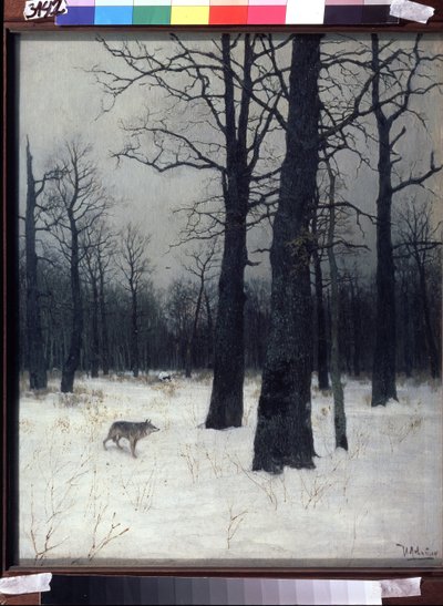 冬の森。雪の中の裸の黒い木、オオカミがいる。イザーク・イリイチ・レヴィタン（1860-1900）の絵画、油彩・キャンバス 作： Isaak Ilyich Levitan