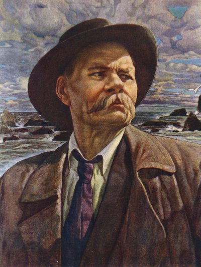 ロシアの作家マキシム・ゴーリキーの肖像（カラーリトグラフ 作： Isaak Israilevich（後）Brodsky