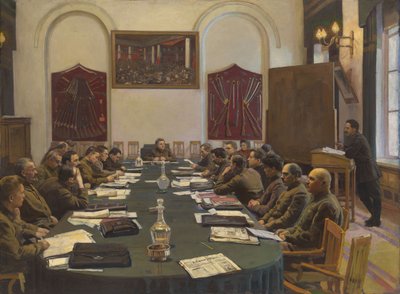 ソ連革命軍事評議会の集会、クリメント・ボロシロフが議長を務める 作： Isaak Israilevich Brodsky