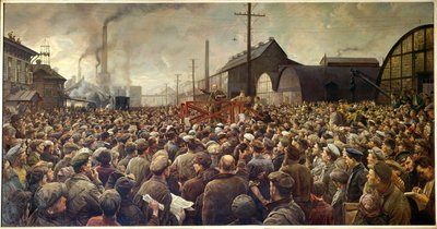 1917年のロシア革命。「レーニンがペトログラードのプーチロフ工場の労働者に語りかける。 作： Isaak Israilevich Brodsky