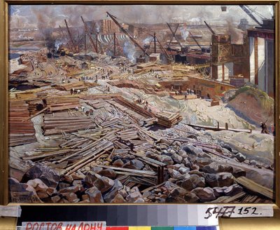 ドニエプル水力発電所の全景。 Isaak Izrailevich Brodsky (Brodsky) (1884-1939) による絵画。 キャンバスに油彩 作： Isaak Israilevich Brodsky