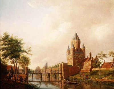ハーレムのKleine Houtpoort（小ゲートウェイ）とGrote Houtpoort（大ゲートウェイ）の風景。 作： Isaac Ouwater