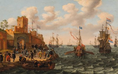 要塞化された町の海岸に沿ったオランダのスリーマスターと教皇のガレー船、1662年頃（パネルに油彩） 作： Isaak Willaerts