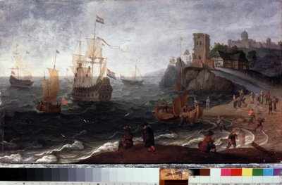 浜辺の魚市場（海辺の魚市場）。 Isaac Willaerts (1620-1693) による絵画。 木に油彩、35.5 x 67 cm、1640 年頃。17 世紀のオランダの芸術。 国立歴史芸術博物館、セルプホフ (ロシア)。 作： Isaak Willaerts