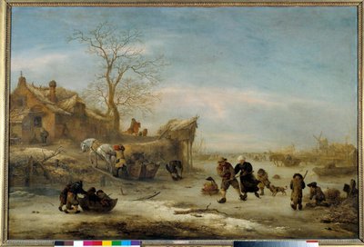 ペア・スケートをする運河のゲレ イザーク・ファン・オスターデ（1621-1649）の絵。17世紀 日1x1.49m 作： Isack van Ostade