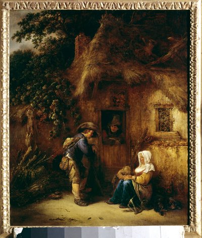 農民の家の前での会話。アイザック・ヴァン・オスタード（1621-1649）の絵 作： Isack van Ostade